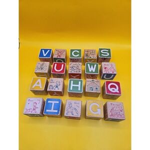 Lot Of 20 Assorted Sizes Vintage Wooden Building Blocks ABC Pictures